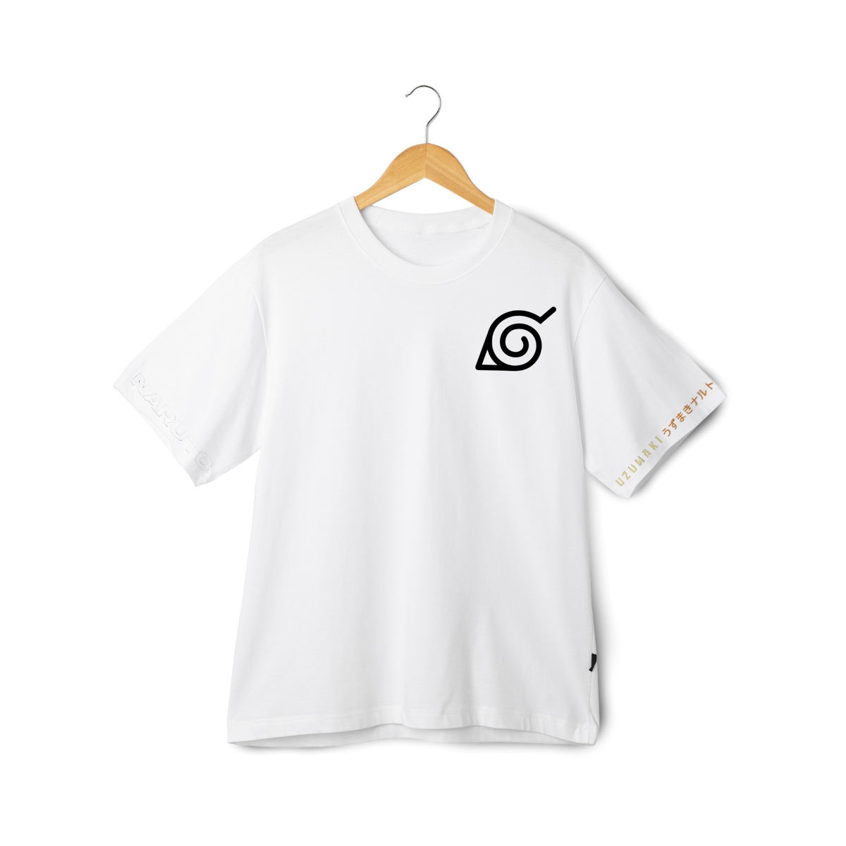 White t-shirt with a black symbol on a wooden hanger against a white background