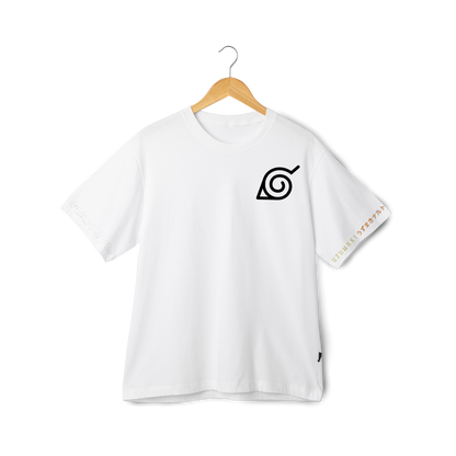 White t-shirt with a black symbol on a wooden hanger against a white background