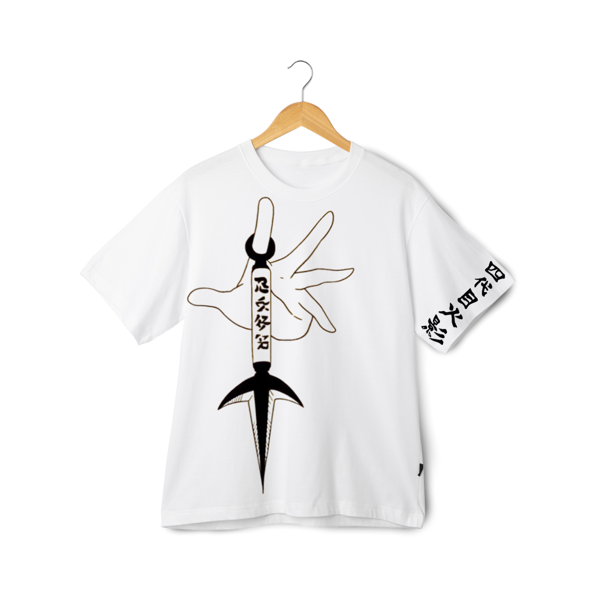 Minato Namikaze White t-shirt with black and gold graphic design on a hanger against a white background