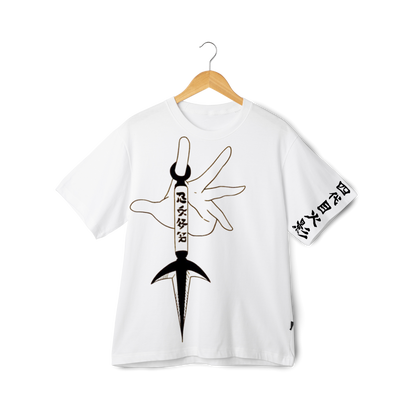 Minato Namikaze White t-shirt with black and gold graphic design on a hanger against a white background