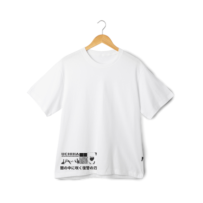 Sasuke Uchicha White t-shirt with black graphics and text on back