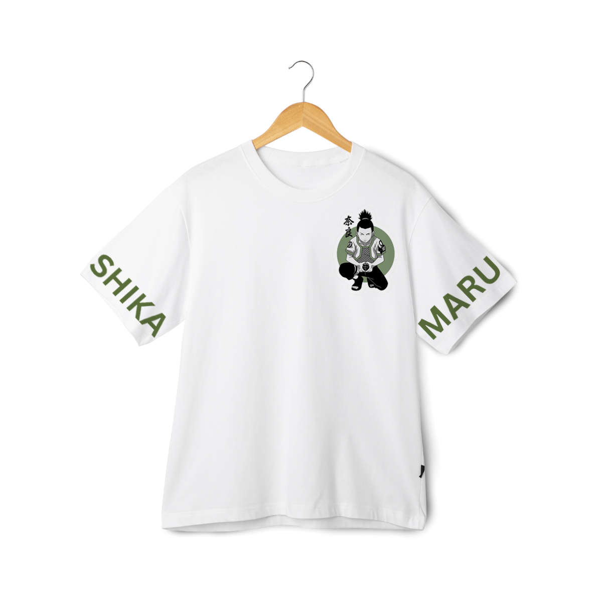 Shikamaru Naru White t-shirt with graphic design and text on sleeve