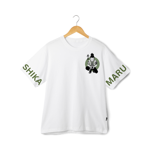 Shikamaru Naru White t-shirt with graphic design and text on sleeve