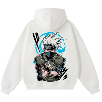White hoodie with a graphic of a kakashi holding a trident on the back, on a white background