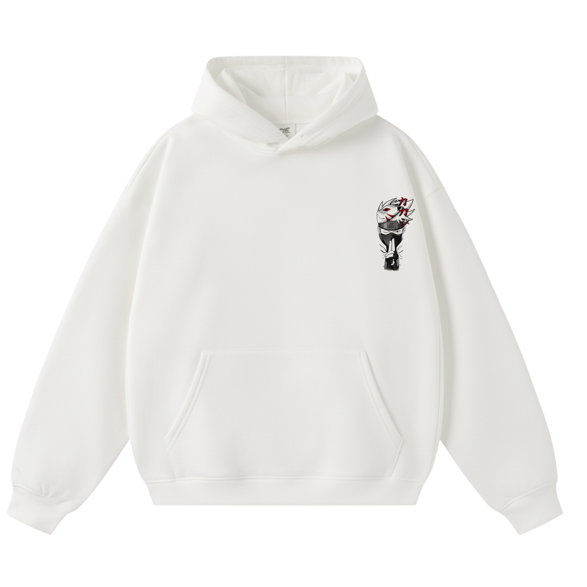 White hoodie with a small graphic on the chest against a white background