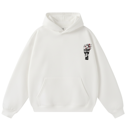 White hoodie with a small graphic on the chest against a white background