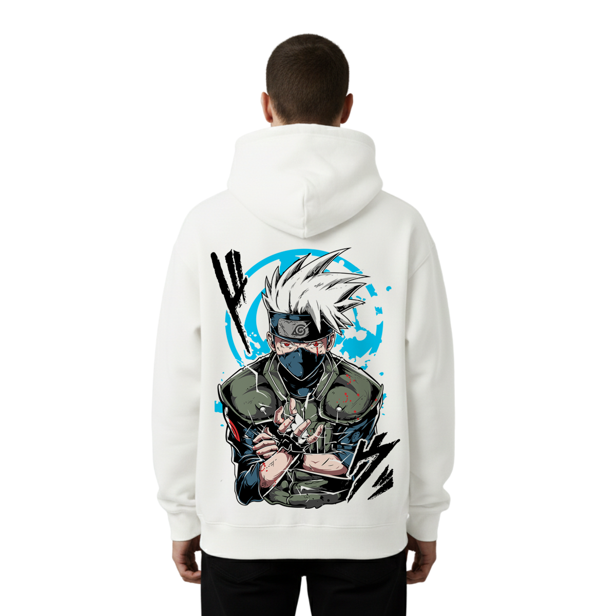 Person wearing a white hoodie with an anime character design on the back against a white background