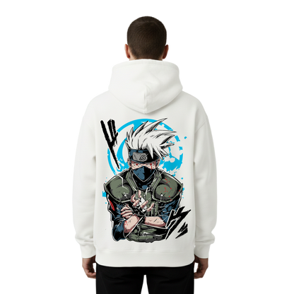 Person wearing a white hoodie with an anime character design on the back against a white background