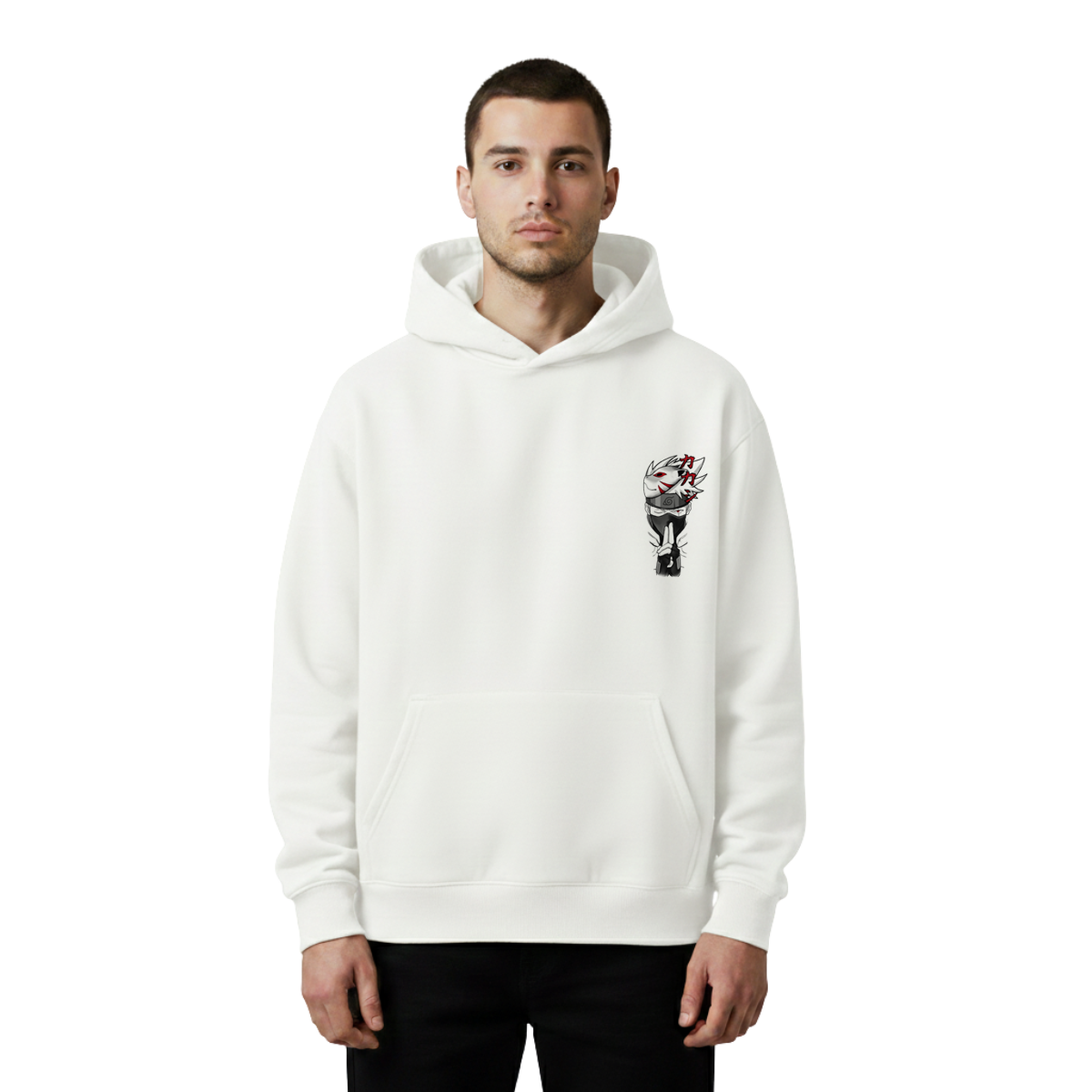 Man wearing a white hoodie with a graphic design of kakashi on the chest against a white background