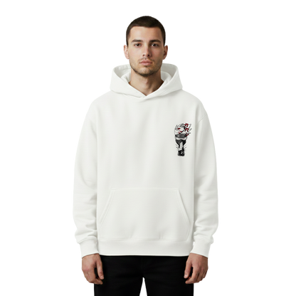 Man wearing a white hoodie with a graphic design of kakashi on the chest against a white background