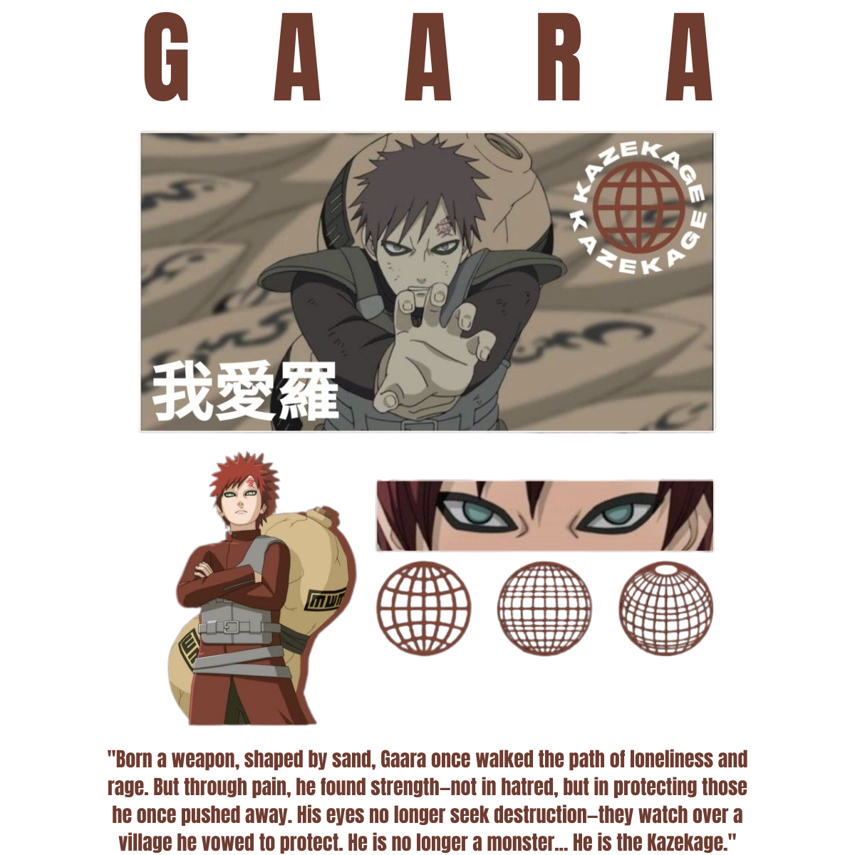 Character poster of Gaara from Naruto with his name at the top.