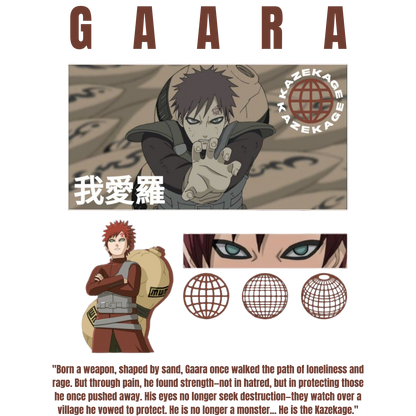 Character poster of Gaara from Naruto with his name at the top.