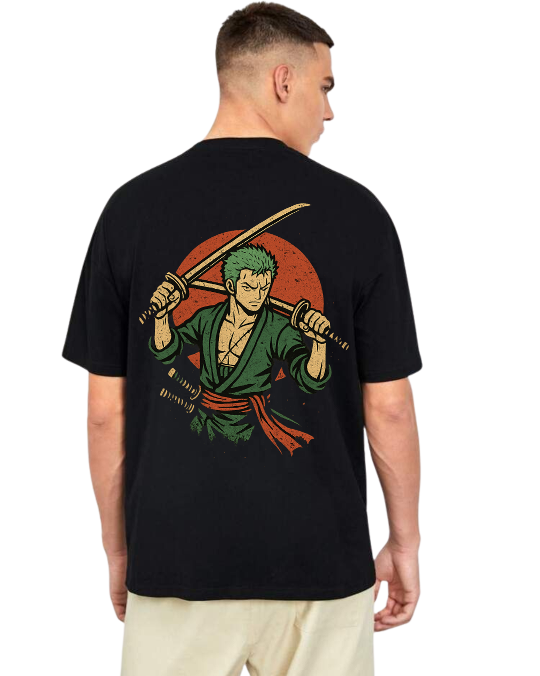 Man wearing black T-shirt with anime samurai graphic and swords, Samurai Warrior Tee