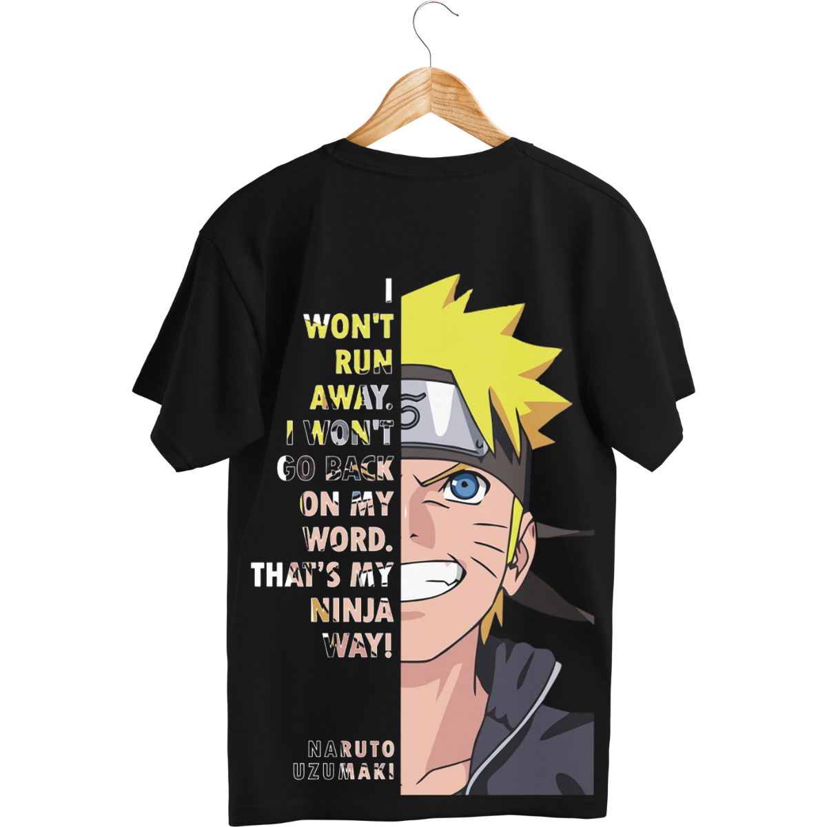 Black t-shirt with anime character and text on a hanger
