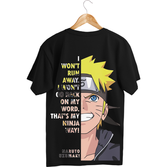 Black t-shirt with anime character and text on a hanger