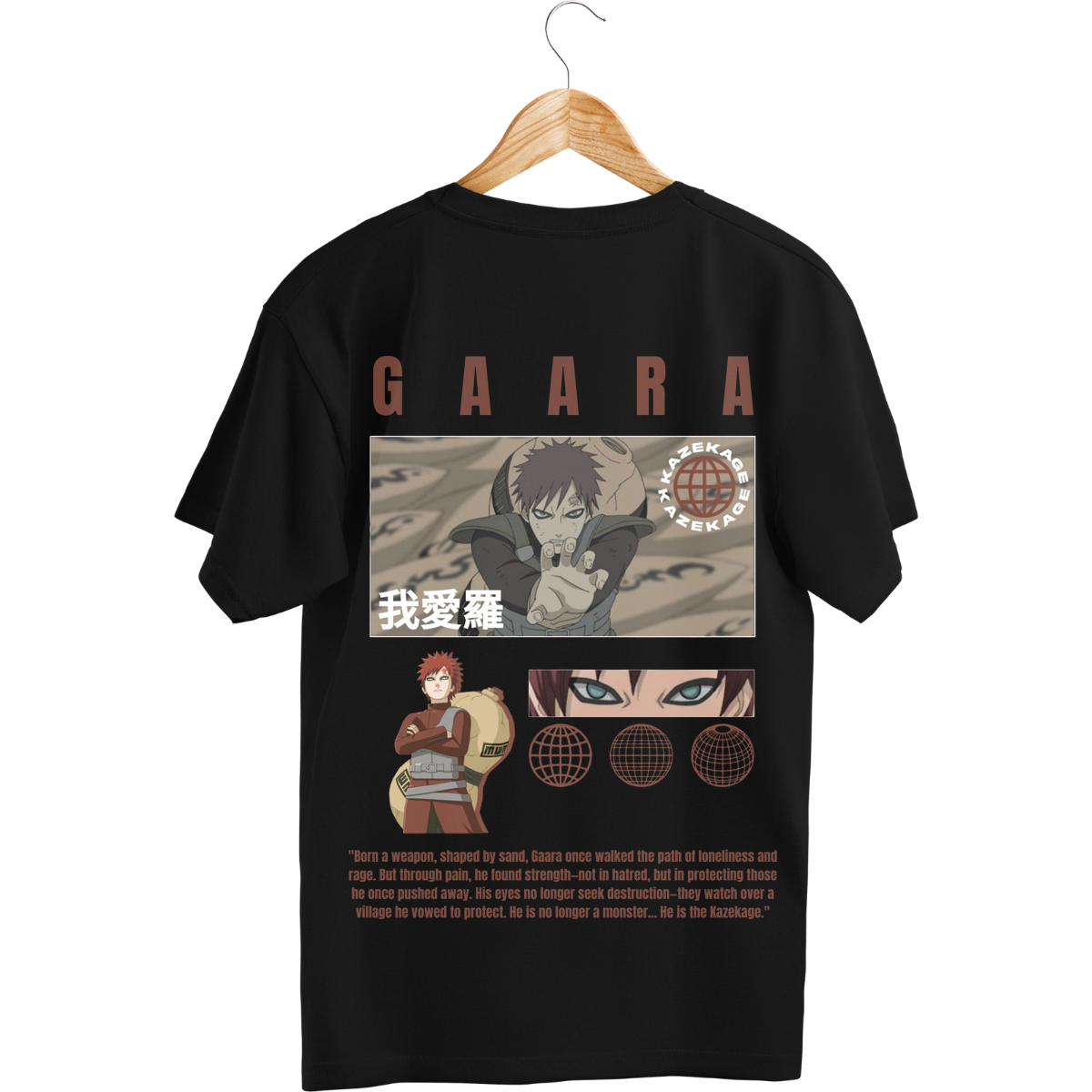 Gaara Black t-shirt with anime character design and text on a white background