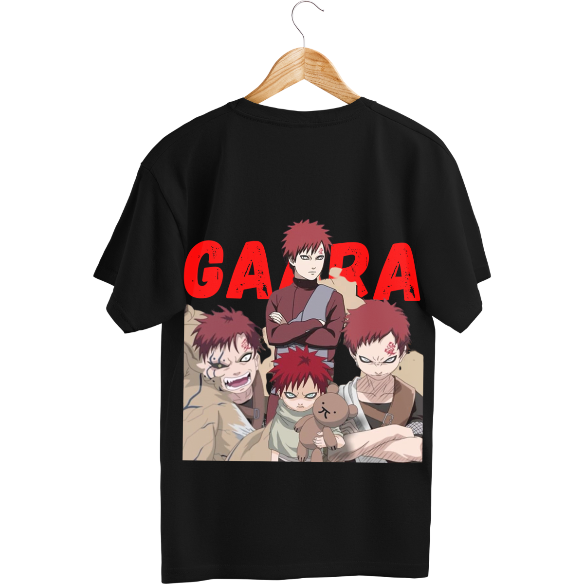 Gaara Black t-shirt with anime character graphic and 'GAARA' text on a hanger