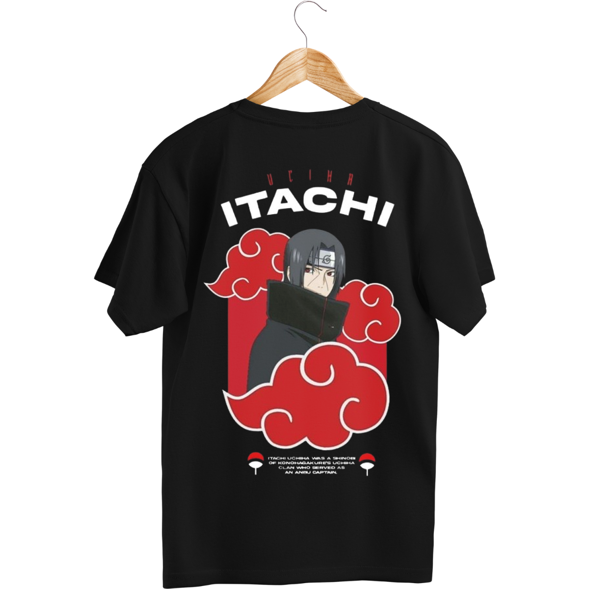 Itachi Uchicha Black t-shirt with 'Itachi' graphic design on a hanger