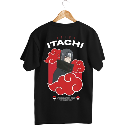 Itachi Uchicha Black t-shirt with 'Itachi' graphic design on a hanger