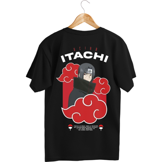 Itachi Uchicha Black t-shirt with 'Itachi' graphic design on a hanger