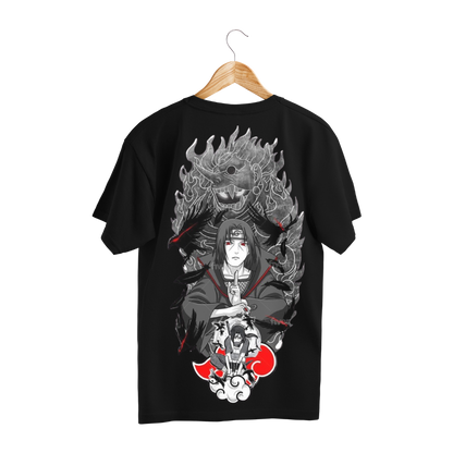 Itachi Uchicha Black t-shirt with a graphic design of a character and dragon on a hanger against a black background