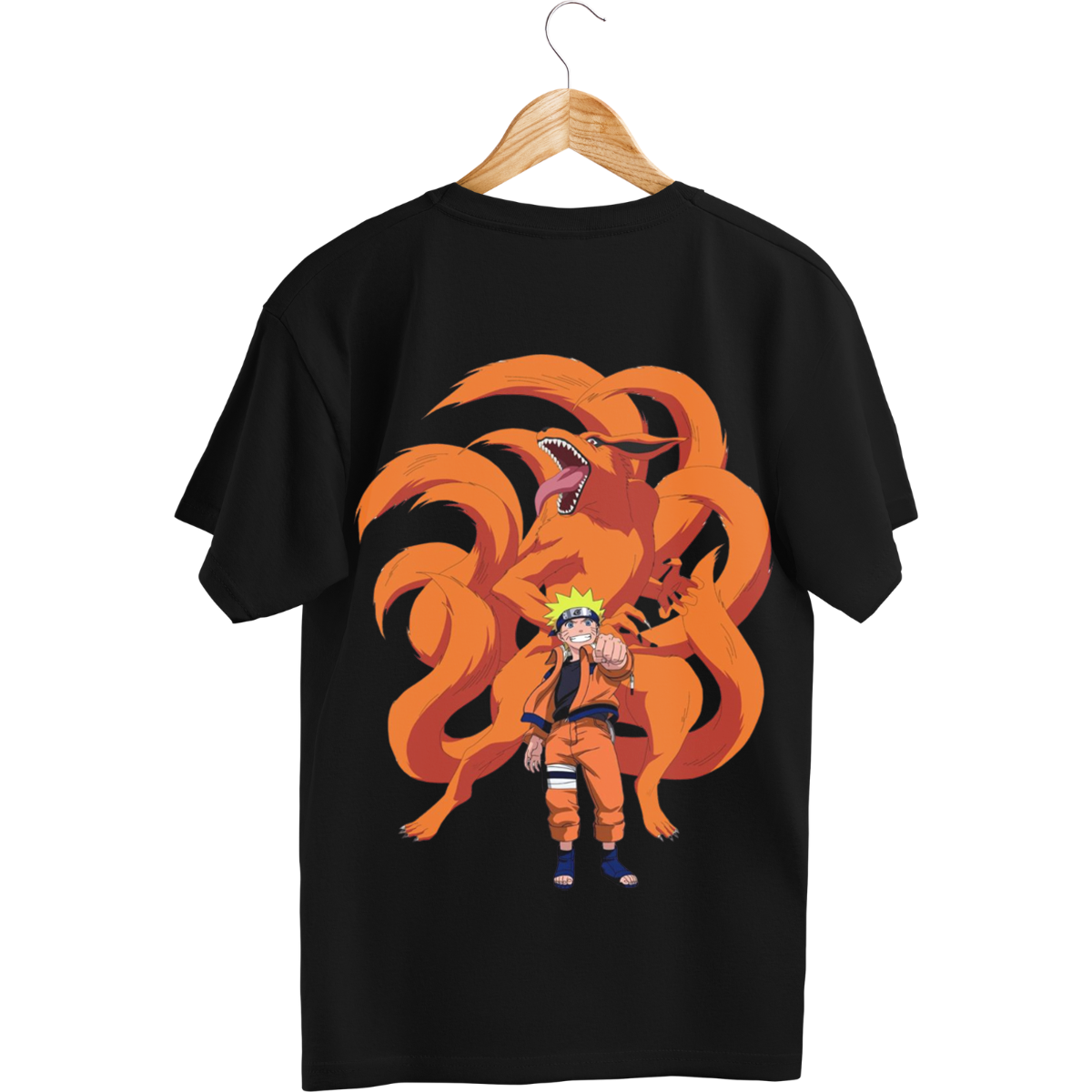 Black Naruto T-shirt with a graphic design of Kuirama And Naruto on a hanger against a Black background.