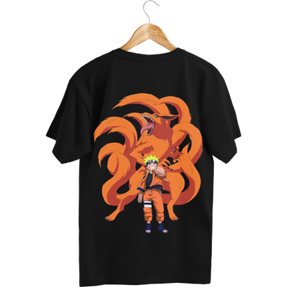 Black Naruto T-shirt with a graphic design of Kuirama And Naruto on a hanger against a Black background.
