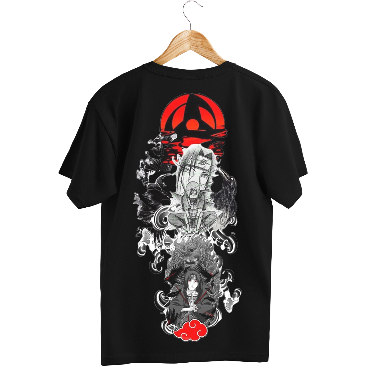 Itachi Uchicha Black t-shirt with Itachi graphic design on a hanger