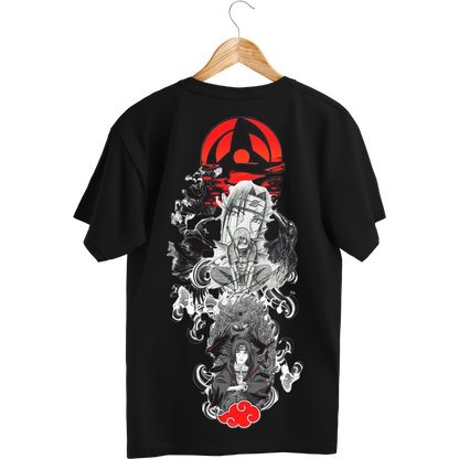 Itachi Uchicha Black t-shirt with Itachi graphic design on a hanger
