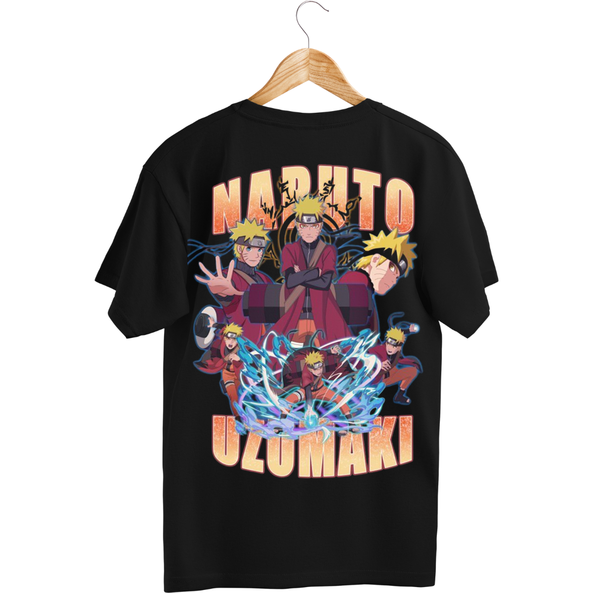 Black Naruto t-shirt with Naruto Uzumaki graphic on a hanger
