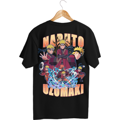 Black Naruto t-shirt with Naruto Uzumaki graphic on a hanger