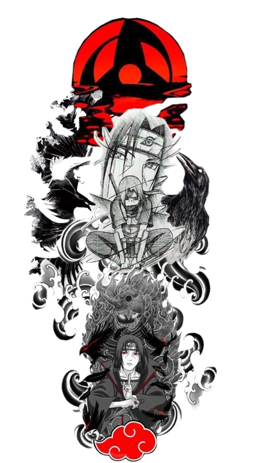 Itachi Uchicha Stylized illustration with red cloud symbols and black and white figures on a white background